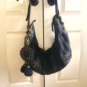 Black leather woven handbag